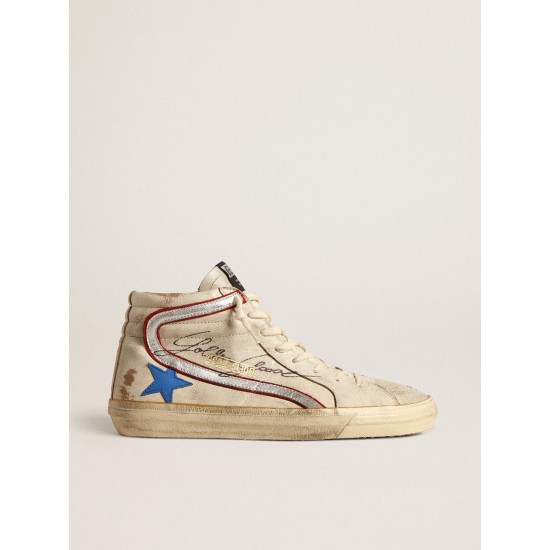 Slide LTD in ecru with bright blue star and silver leather flash