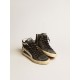 Slide in black suede with silver metallic leather star and flash