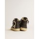 Slide in black suede with silver metallic leather star and flash