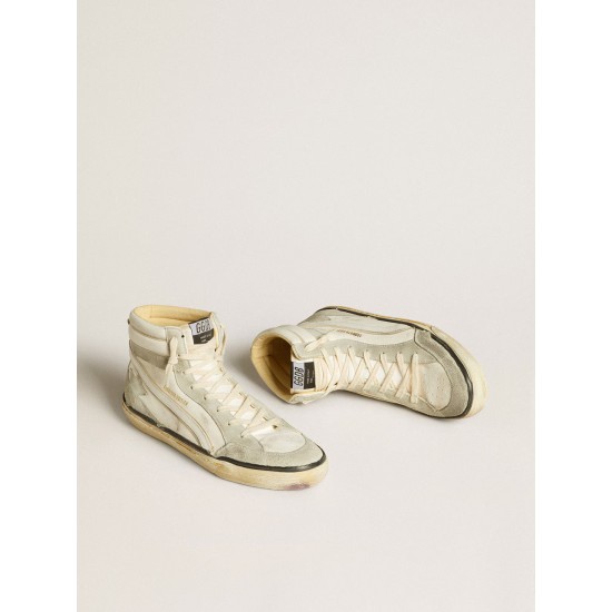 Slide LAB in aged-white nappa leather with gray suede star and white leather flash