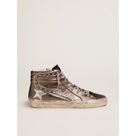 Women's Slide with silver laminated leather upper and studs