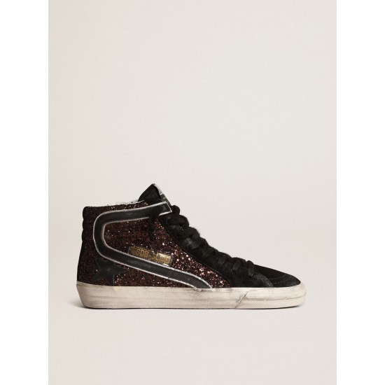 Slide in brown glitter with black leather star and flash