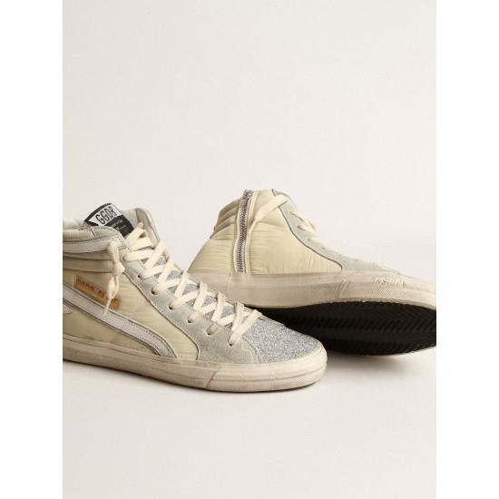 Slide in ivory nylon with white leather star and silver Swarovski crystal tongue