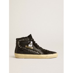 Slide in leather with black star and Swarovski crystal flash