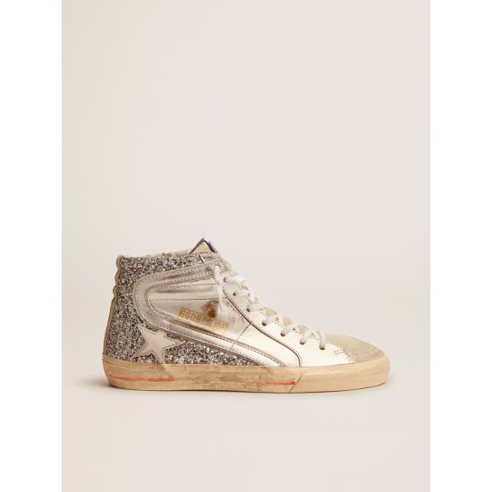 Women's Slide with laminated leather upper and silver glitter