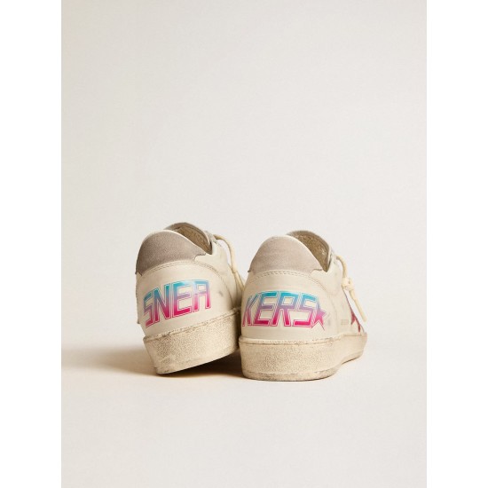 Ball Star LTD with fuchsia glitter star and light gray suede heel tab