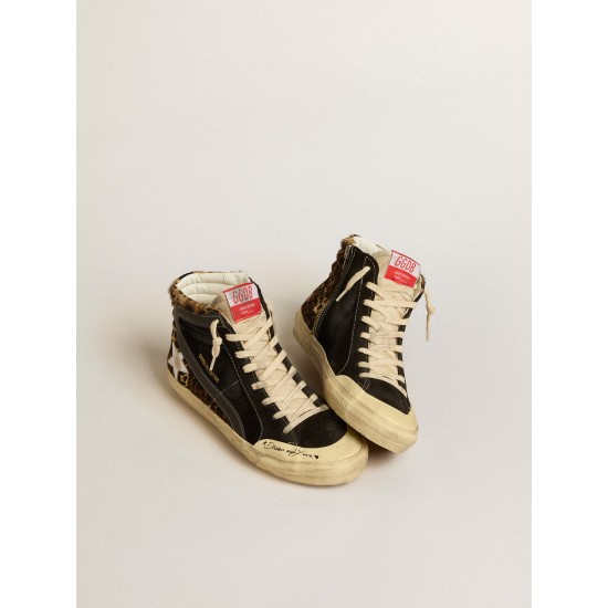 Slide Penstar LTD in leopard-print pony skin with silver star and black flash