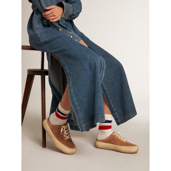 Women's Space-Star Sabot in tobacco-colored suede with perforated star